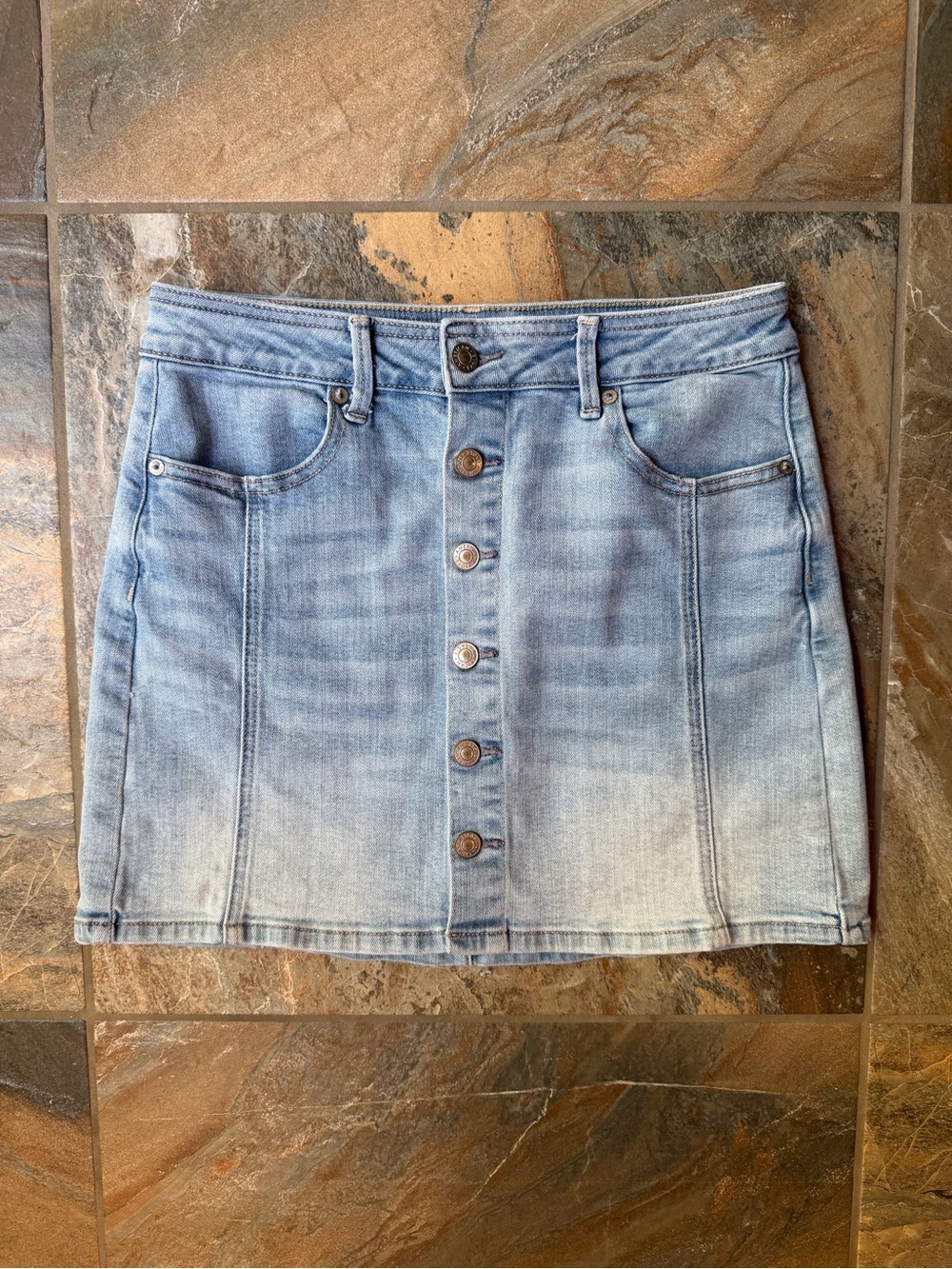 American Eagle Hi-Rise A-Line Denim Mini Skirt Button Front Blue Size 6 Long